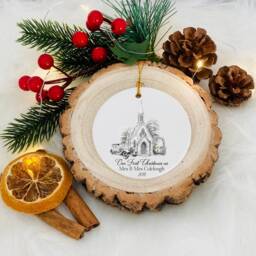 Personalised First Christmas Wedding Ornament, Church Sketch Bauble - thumbnail 3