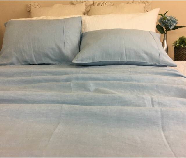 Blue Bed Sheets in Natural Linen, Top Sheet, Fitted Sheet, Available Queen King California Twin Full Or Custom Size - image 1