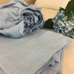 Blue Bed Sheets in Natural Linen, Top Sheet, Fitted Sheet, Available Queen King California Twin Full Or Custom Size - thumbnail 2