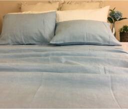 Blue Bed Sheets in Natural Linen, Top Sheet, Fitted Sheet, Available Queen King California Twin Full Or Custom Size - thumbnail 1