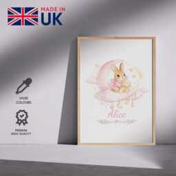 Personalised Name Pink Bunny Wall Art Poster Custom Colour Rabbit Print Nursery Decor Baby Girl Bedroom Artwork Shower Keepsake Gift - thumbnail 2
