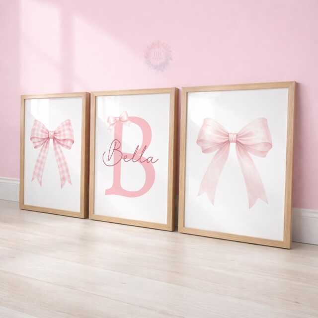 Pink Bow Nursery Prints - Set Of 3 Girls Wall Art, Custom Name Decor - image 1