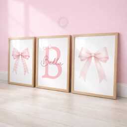 Pink Bow Nursery Prints - Set Of 3 Girls Wall Art, Custom Name Decor - thumbnail 1