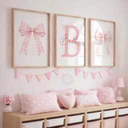 Pink Bow Nursery Prints - Set Of 3 Girls Wall Art, Custom Name Decor - thumbnail 2