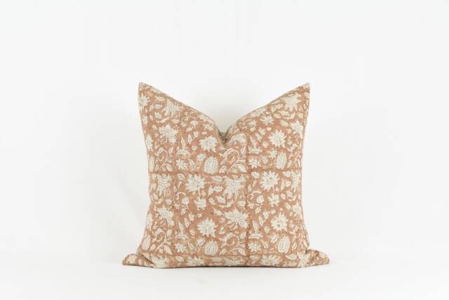 Terracotta Floral Pillow Cover Woven Linen Block Print With Brass Zipper - image 1