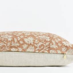Terracotta Floral Pillow Cover Woven Linen Block Print With Brass Zipper - thumbnail 4