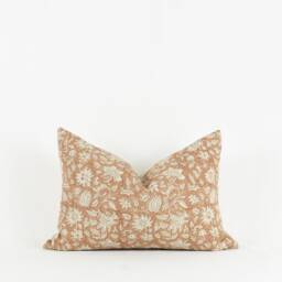Terracotta Floral Pillow Cover Woven Linen Block Print With Brass Zipper - thumbnail 3