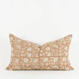 Terracotta Floral Pillow Cover Woven Linen Block Print With Brass Zipper - thumbnail 2