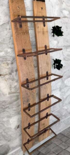 Rustic Oak Whiskey Barrel Stave Wine Bottle Holder/Drinks Rack With 6 Metal Brackets Handmade Wall Mounted Gifts - image 1