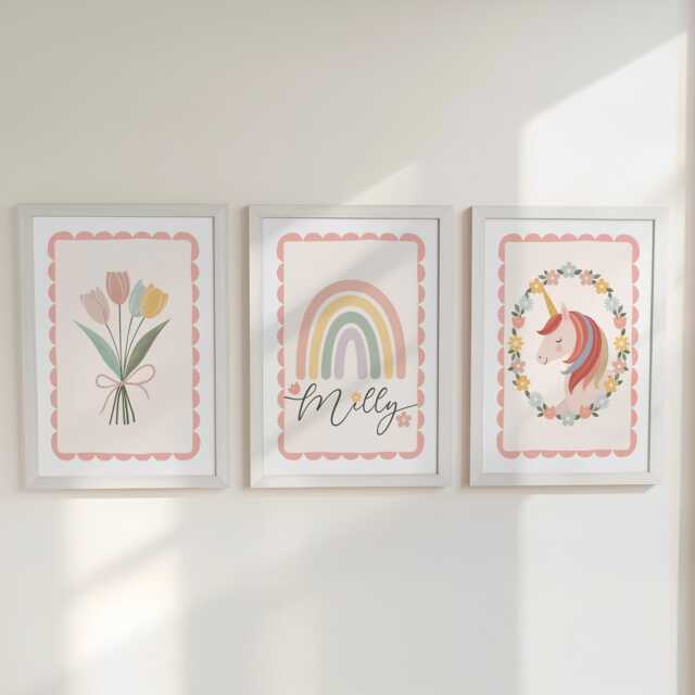 Set Of 3 Personalised Nursery Prints - Rainbow, Unicorn & Flowers Girls Bedroom Wall Art With Optional Frames - image 1