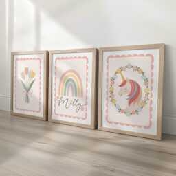 Set Of 3 Personalised Nursery Prints - Rainbow, Unicorn & Flowers Girls Bedroom Wall Art With Optional Frames - thumbnail 2