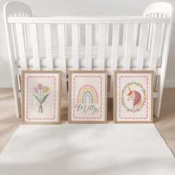 Set Of 3 Personalised Nursery Prints - Rainbow, Unicorn & Flowers Girls Bedroom Wall Art With Optional Frames - thumbnail 3