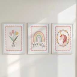 Set Of 3 Personalised Nursery Prints - Rainbow, Unicorn & Flowers Girls Bedroom Wall Art With Optional Frames - thumbnail 1