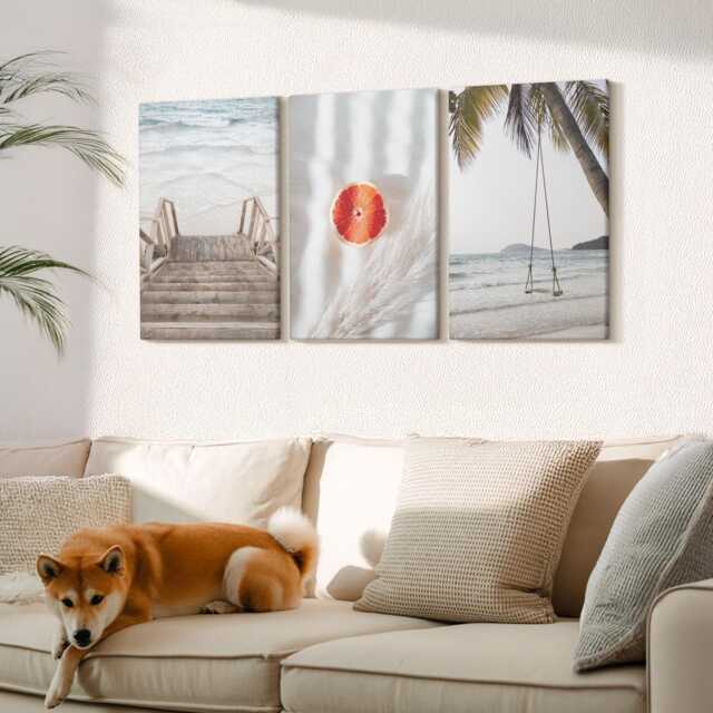 Canvas Set Of 3 Wall Art - Beach With Wooden Stairs, Holiday Atmosphere, Beige Photo Print, Landscapes Hanging Piece - image 1