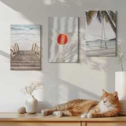 Canvas Set Of 3 Wall Art - Beach With Wooden Stairs, Holiday Atmosphere, Beige Photo Print, Landscapes Hanging Piece - thumbnail 3