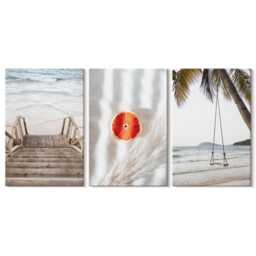 Canvas Set Of 3 Wall Art - Beach With Wooden Stairs, Holiday Atmosphere, Beige Photo Print, Landscapes Hanging Piece - thumbnail 2