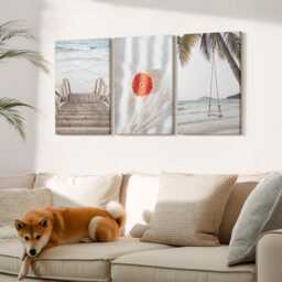 Canvas Set Of 3 Wall Art - Beach With Wooden Stairs, Holiday Atmosphere, Beige Photo Print, Landscapes Hanging Piece - thumbnail 1