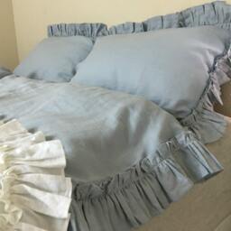 Duck Egg Blue Ruffled Duvet Cover Handmade With Vintage Ruffle Style, Linen Bedding, Shabby Chic Bedding - thumbnail 3