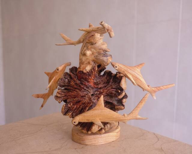 Hammerhead Shark Family Sculpture, Coral Reef Statue, Art, Wood Carving, Wooden Fish Figurine, Home Decor, Housewarming Gift - image 1