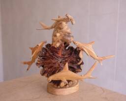 Hammerhead Shark Family Sculpture, Coral Reef Statue, Art, Wood Carving, Wooden Fish Figurine, Home Decor, Housewarming Gift - thumbnail 1