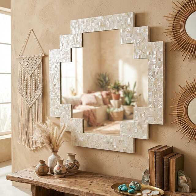 Handmade Mother Of Pearl Inlay Stepped Geometric Wall Mirror, Art Deco Decor - image 1