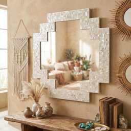 Handmade Mother Of Pearl Inlay Stepped Geometric Wall Mirror, Art Deco Decor