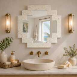 Handmade Mother Of Pearl Inlay Stepped Geometric Wall Mirror, Art Deco Decor - thumbnail 2
