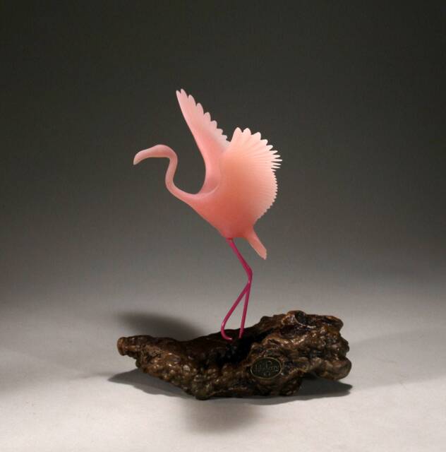 Flamingo Sculpture By John Perry Flying 6In Long On Polished Burlwood Base. Signed - image 1
