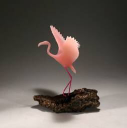 Flamingo Sculpture By John Perry Flying 6In Long On Polished Burlwood Base. Signed