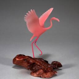 Flamingo Sculpture By John Perry Flying 6In Long On Polished Burlwood Base. Signed - thumbnail 2