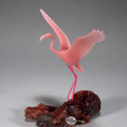 Flamingo Sculpture By John Perry Flying 6In Long On Polished Burlwood Base. Signed - thumbnail 3
