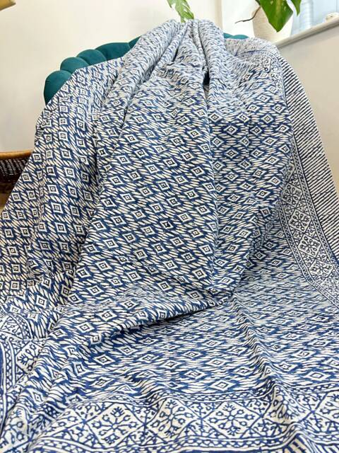 Kantha Stitch Pure Cotton Reversible Bed/Sofa Throw King Size - Handmade Handprinted Floral Dohar Diamond Weave White Blue French Stripe - image 1