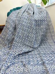 Kantha Stitch Pure Cotton Reversible Bed/Sofa Throw King Size - Handmade Handprinted Floral Dohar Diamond Weave White Blue French Stripe - thumbnail 1
