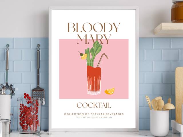Bloody Mary Cocktail Art Print Poster - Party Signature Drink Sign Wall Decor Minimalist Elegant Retro Gift A5 A4 A3 - image 1
