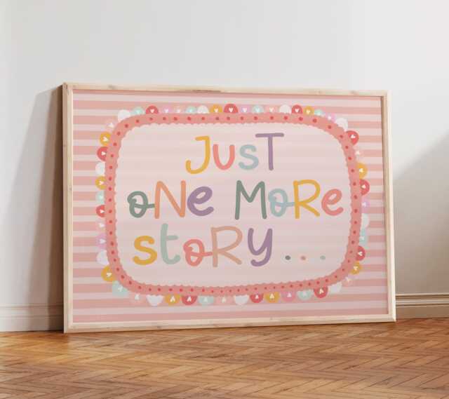 Just One More Story Print in Pastel, Time, Book Corner Art, Colourful Children's Bedroom Decor, Nursery, Playroom Wall Art - image 1