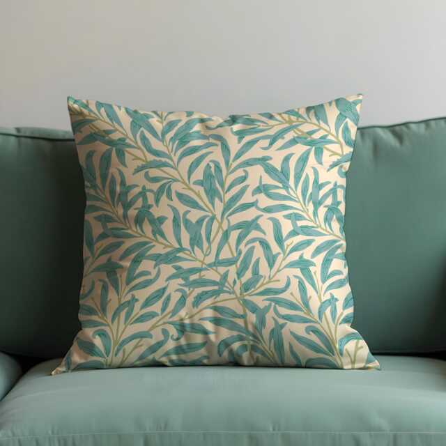 Turquoise Willow Leaf Cushion Cover, Beige & Aqua Botanical Throw Pillow Nature Inspired Floral Home Decor - image 1