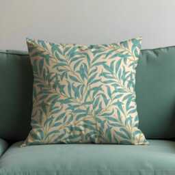 Turquoise Willow Leaf Cushion Cover, Beige & Aqua Botanical Throw Pillow Nature Inspired Floral Home Decor