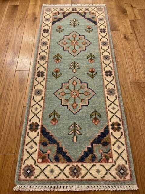 Modern Hand Made Oushak Wool Runner Rug, Knotted Carpet, Turkish - Anatolian Carpet, Soft Aqua/Cream, Home Decor Rug - image 1