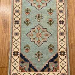 Modern Hand Made Oushak Wool Runner Rug, Knotted Carpet, Turkish - Anatolian Carpet, Soft Aqua/Cream, Home Decor Rug - thumbnail 3