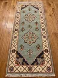 Modern Hand Made Oushak Wool Runner Rug, Knotted Carpet, Turkish - Anatolian Carpet, Soft Aqua/Cream, Home Decor Rug - thumbnail 1