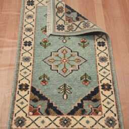 Modern Hand Made Oushak Wool Runner Rug, Knotted Carpet, Turkish - Anatolian Carpet, Soft Aqua/Cream, Home Decor Rug - thumbnail 2