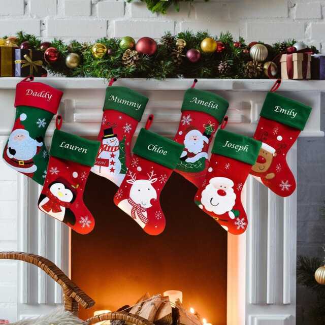 Personalised Embroidered Christmas Stocking Red Green Santa Snowman Reindeer Custom Eve Traditional Kids Xmas Family Fireplace Penguin - image 1