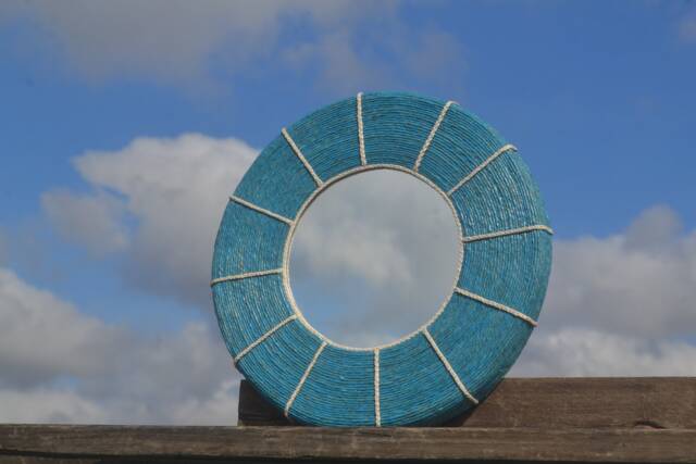 Blue Round Mirror, Hemp Rope Mirror, Wall Hanging Rustic Decor, Boho Handmade Mirrors, Decorative Mirrors - image 1