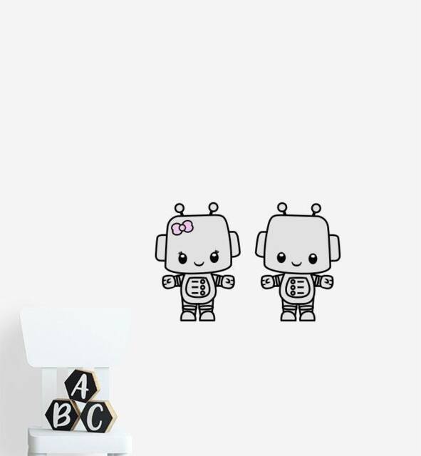 Two Cute Robot Friends Wall Sticker Decal - Kids Stickers, Animals Childrens Decals, Art, Room, Girl, Boy