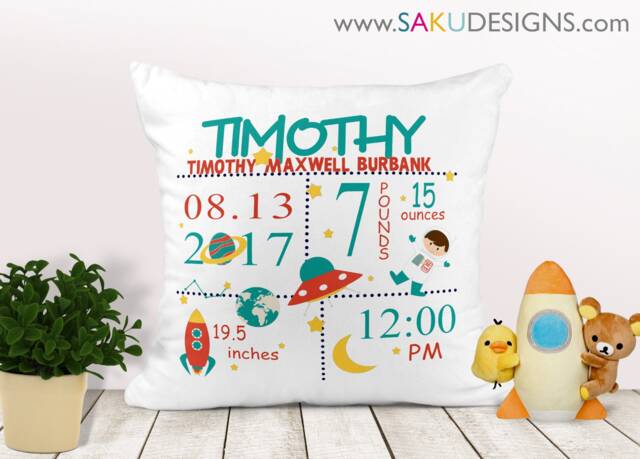 Space Baby Pillow-Baby Pillow-Birth Announcement-Nursery Decor-Baby Pillow-Personalized Pillow-New Baby-Birth Stats-Rockets-Cartoon - image 1