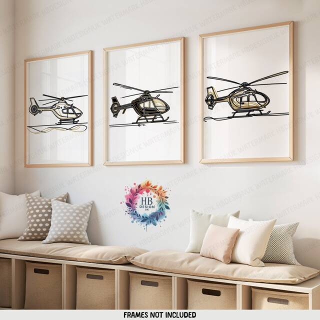 Boho Helicopter Posters - Set Of 3 Gold Prints - Boys Bedroom Decor Aircraft Wall Art Line Drawing Style Print Aviation Poster Gifts - image 1