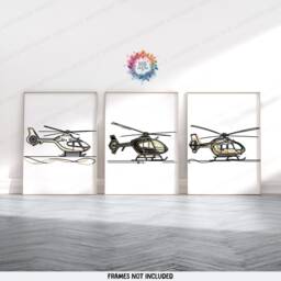 Boho Helicopter Posters - Set Of 3 Gold Prints - Boys Bedroom Decor Aircraft Wall Art Line Drawing Style Print Aviation Poster Gifts - thumbnail 2