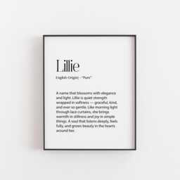 Lillie Name Meaning Print - Gentle & Elegant Wall Art For Girls, Baby Definition, Nursery Decor, Soft Personalized Gift Unique - thumbnail 1