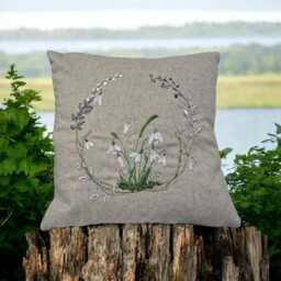 Snowdrop Embroidered Linen Cushion, Natural Linen, Handmade, Zipped 30x30, 40x40, 45x45 cms, C/W Inner, Country Home Decor, Scatter Cushion