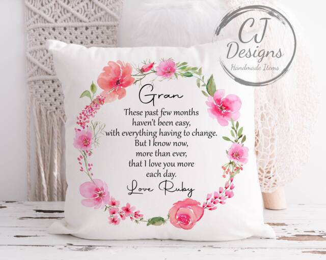 Personalised Gran Cushion - Pink Floral Design Printed White Super Soft- Quote- Grandma Granny-Nanna- Nannie - image 1